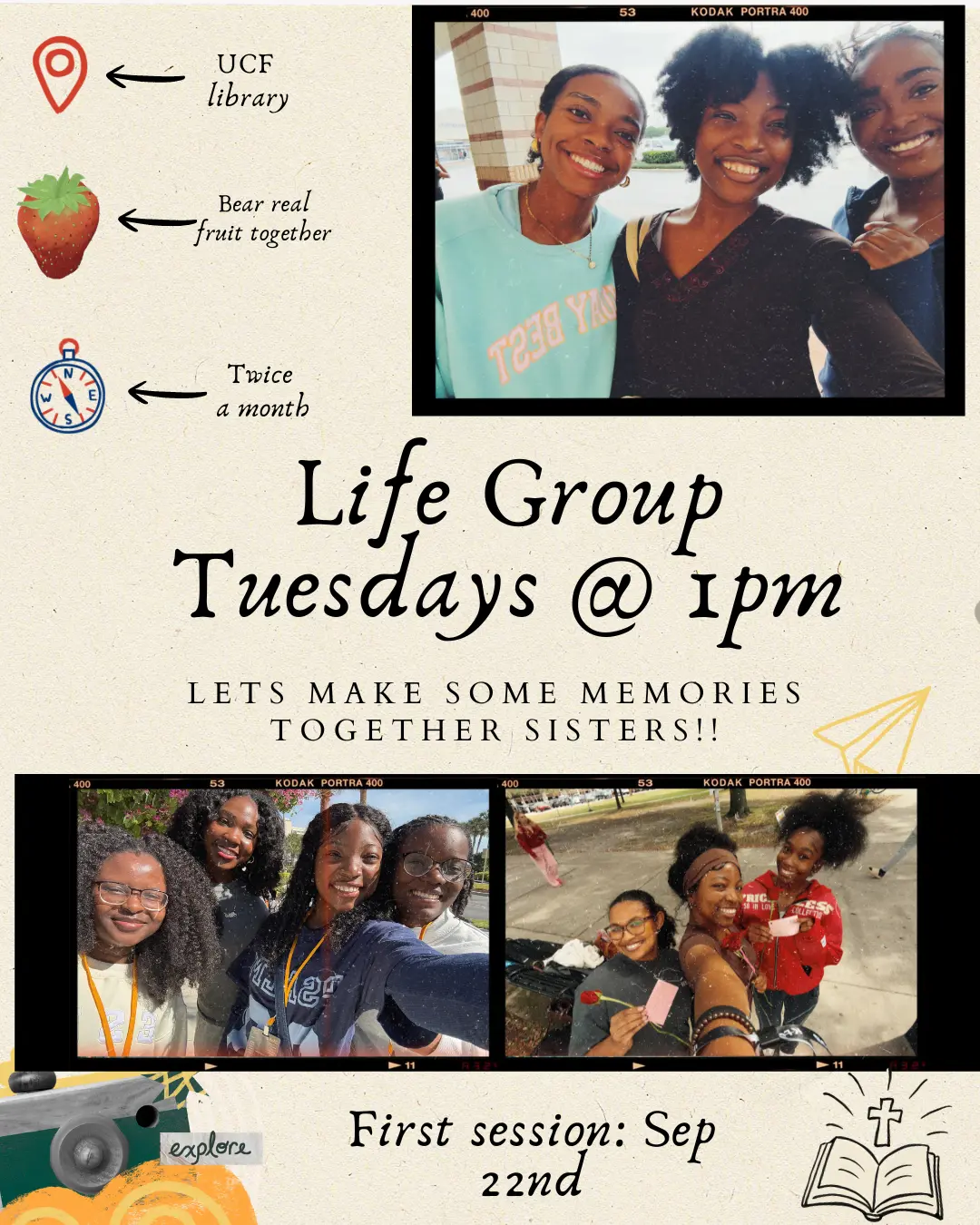 UCF women’s life group graphic with photos, UCF Library location, Tuesdays at 1 PM, and first session September 22